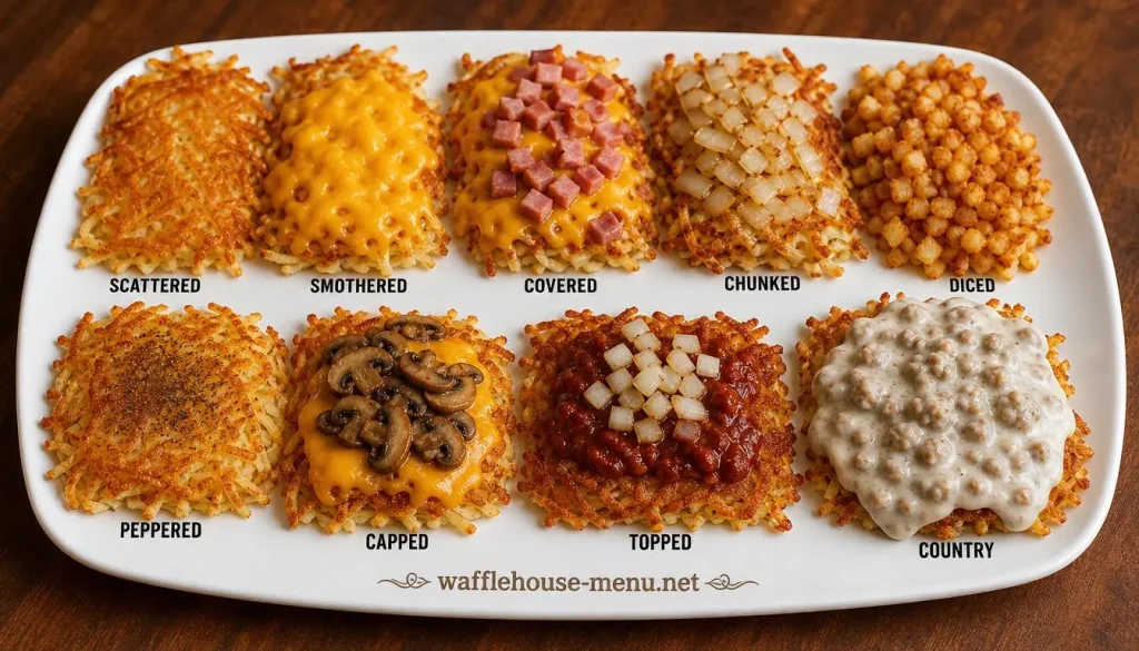 Hashbrowns Guides 2 Waffle House hashbrown styles scattered smothered covered chart
