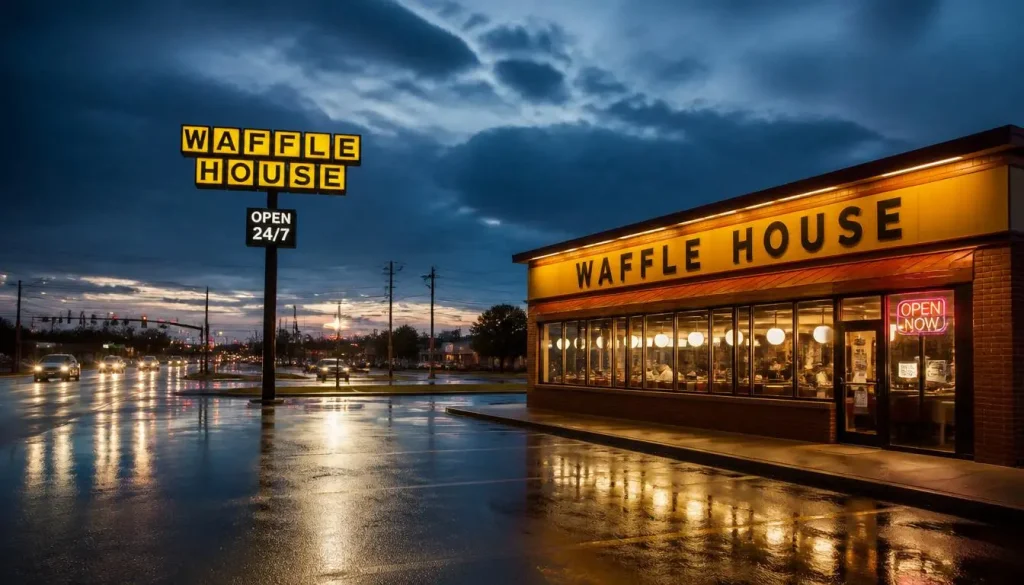 Waffle House Hours open 24/7 roadside diner at night with cinematic rain reflections