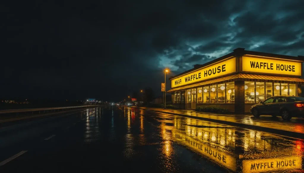 Waffle House near me open 24 hours roadside diner with cinematic night reflections