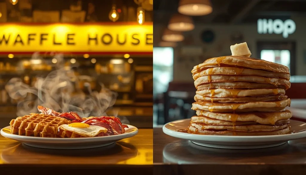 Waffle House vs IHOP 1 Waffle House vs IHOP breakfast comparison with waffles pancakes eggs and hashbrowns