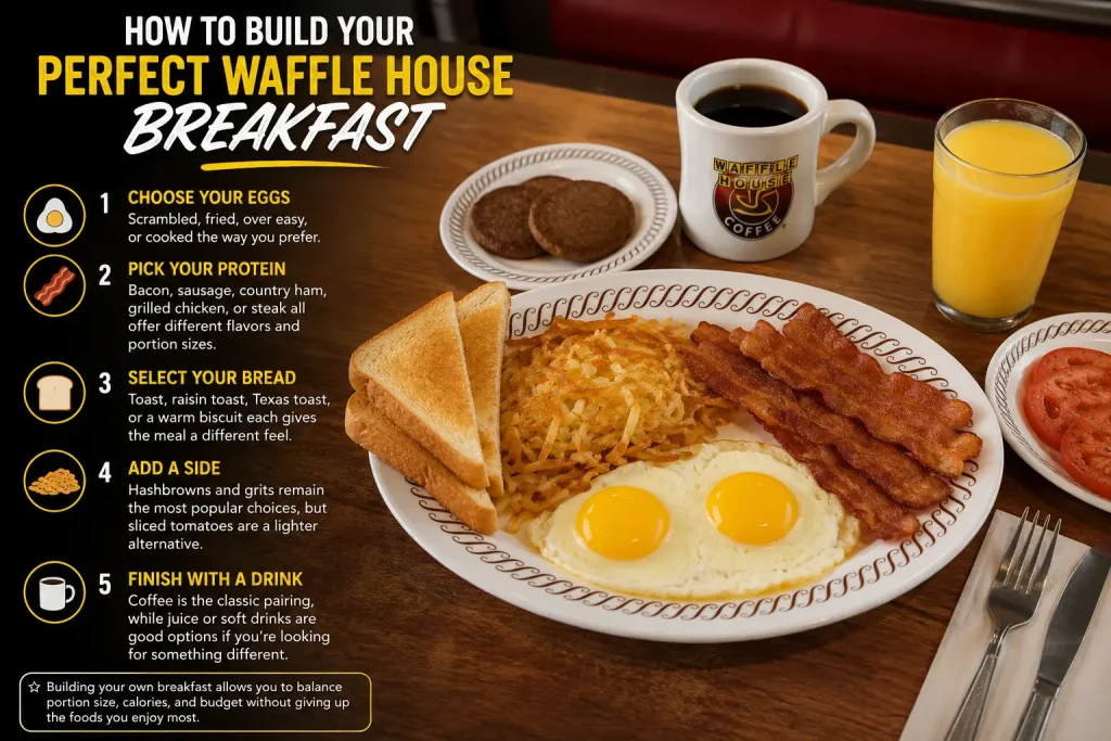 Breakfast 11 Custom Waffle House breakfast with eggs, bacon, hashbrowns, toast, waffle, and coffee arranged to show how to build a complete breakfast meal.